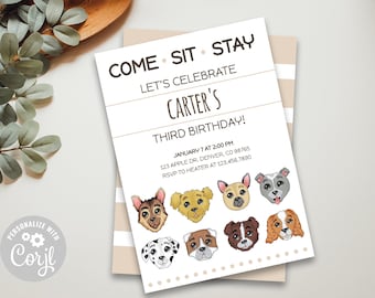Invitación de cumpleaños con tema de perro / Come Sit Stay / Plantilla de invitación imprimible / Descarga INSTANTÁNEA