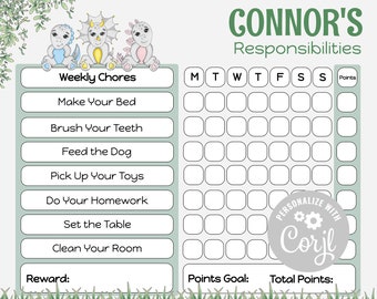 Plantilla de tabla de tareas infantiles imprimible / Tabla de responsabilidades de niños / Tema de dinosaurio / Descarga INSTANTÁNEA