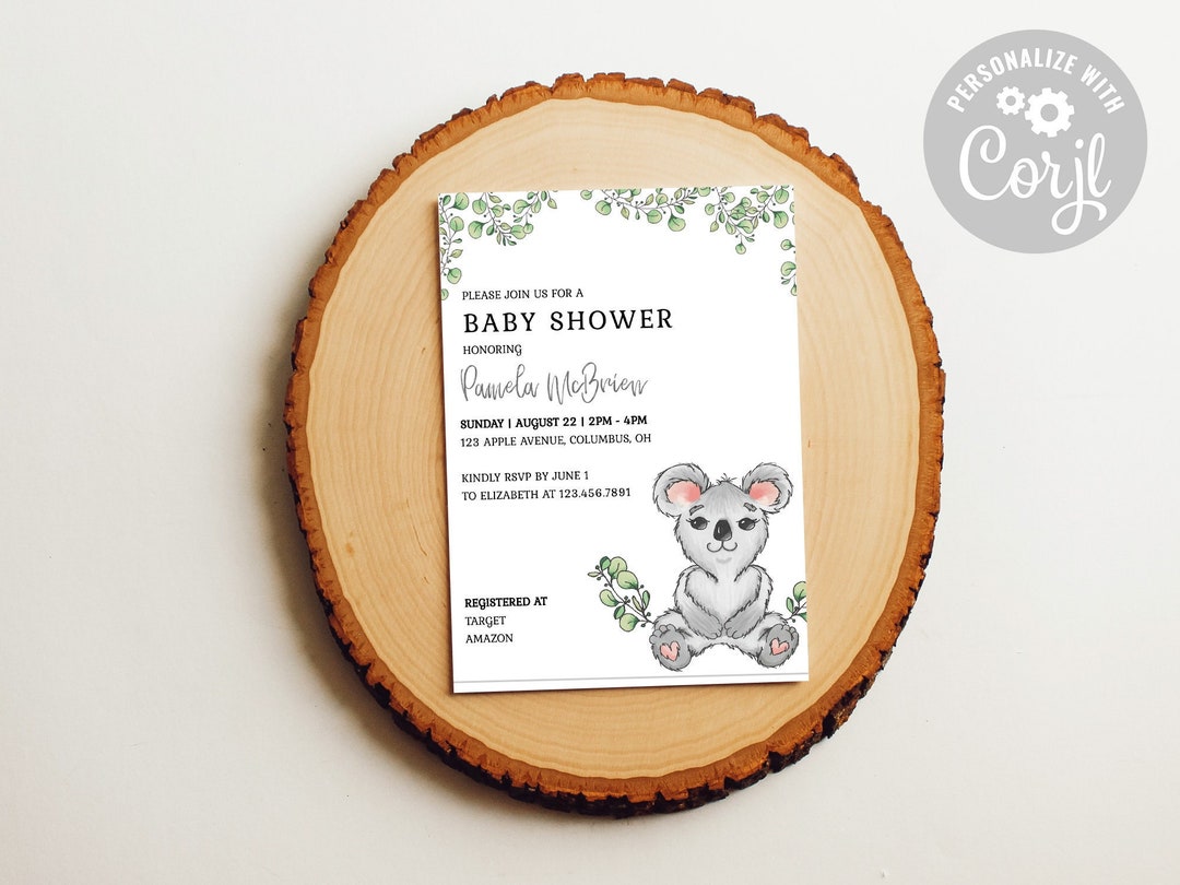 Koala Baby Shower | Printable Editable Invitation Template | Koala Baby ...