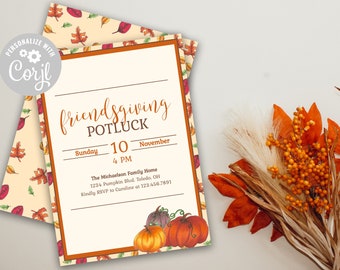 May include: A printable invitation for a Friendsgiving potluck with a fall theme. The invitation features a watercolor illustration of pumpkins and leaves in shades of orange, red, and yellow. The text on the invitation reads "Friendsgiving Potluck" and includes the date, time, and location of the event.