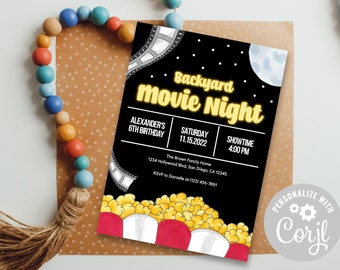 Invitación de cumpleaños de la noche de cine / Tema de la noche de la película en el patio trasero / Plantilla de invitación a la fiesta de la noche de la película / Descarga instantánea