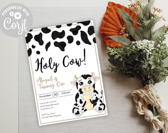 Invitación de cumpleaños del tema de la vaca / Holy Cow I'm One! / Invitación de cumpleaños para niños / Plantilla de invitación imprimible / Descarga INSTANTÁNEA