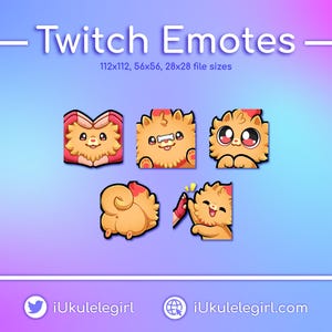 Può includere: Grafica digitale con cinque emote di gatti dei cartoni animati in varie pose. Le emote sono arancioni con dettagli bianchi e grandi occhi. Il testo in alto recita "Twitch Emotes" con le dimensioni dei file. I social media dell'artista sono in basso.
