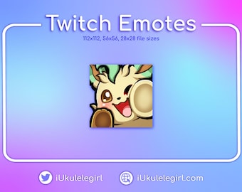 Puede incluir: Gráfico digital para emotes de Twitch, con un personaje de dibujos animados con colores verdes y beige, guiñando un ojo y sosteniendo un objeto circular. La imagen incluye el texto "Twitch Emotes" e información sobre el tamaño de los archivos. El fondo es un degradado de azul y morado.