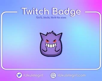 Puede incluir: Insignia de Twitch morada con un fantasma morado de dibujos animados con ojos rojos y una amplia sonrisa. El texto "Twitch Badge" está encima de la imagen y "72x72, 36x36, 18x18 file sizes" está debajo de la imagen.