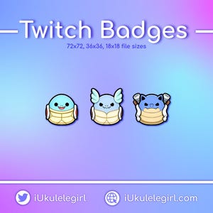May include: Three blue and white cartoon turtle Twitch badges. The badges are in different poses and have different expressions. The text "Twitch Badges" is at the top of the image. The text "72x72, 36x36, 18x18 file sizes" is below the text "Twitch Badges".