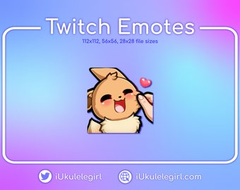 Puede incluir: Un personaje de dibujos animados marrón y blanco con un corazón rosa sobre su cabeza. Una mano se extiende para tocar la mejilla del personaje. El personaje tiene una expresión feliz en su rostro. El texto "Twitch Emotes" está en la parte superior de la imagen. El texto "112x112, 56x56, 28x28 file sizes" está debajo del texto "Twitch Emotes". El texto "iUkuleleGirl" está debajo de la imagen con un icono de pájaro de Twitter. El texto "iUkuleleGirl.com" está debajo de la imagen con un icono de globo terráqueo.