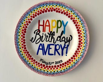 Personalized Birthday Plate -  Polka Dot Design - Hand Painted Custom Piece