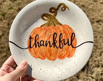 Personalized Fall/Thanksgiving Plate - Thankful Pumpkin Design - Hand Painted Custom Piece