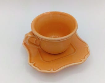 Vintage Ceramic Espresso Cup and Saucer Set | Peach Apricot Ruffled Scalloped Co