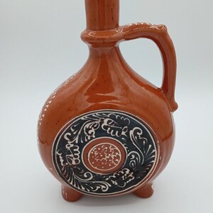 Vintage Transylvanian Sgraffito Pottery Plosca Wine Flask Harghita Romania 20cm