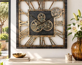 America Line Wall clock 24 inches Square with real moving gears Vintage Black