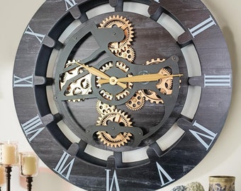 Canada Collection Wall clock 24 inches with real moving gears Vintage Black