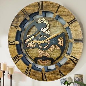 May include: A large, round, wooden wall clock with Roman numeral markings and a black metal gear design. The clock face is a light blue color with gold gears.