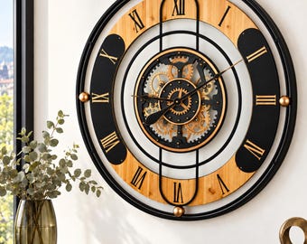 Switzerland Line Wall clock 36 inches with real moving gears Black