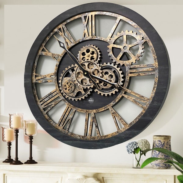Wall clock 24 inches with real moving gears Vintage Black