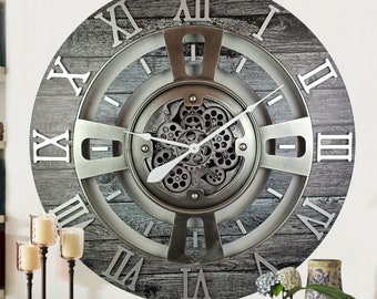 England Line Wall clock 24 inches with real moving gears Carbon Grey