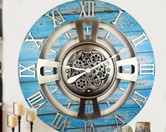 England Line Wall clock 24 inches with real moving gears Ocean Blue