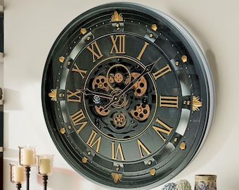 Belgium Line Wall clock 26 inches with real moving gears (Glass Cover) Black