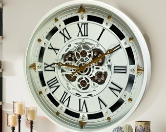 Belgium Line Wall clock 26 inches with real moving gears (Glass Cover) White