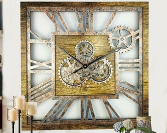Wall clock 24 inches Square with real moving gears Gold Antique