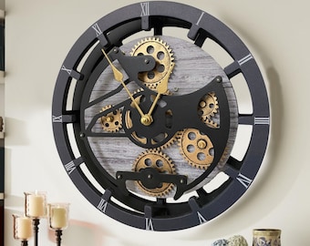 Wall Clock 17 Inches with Real Moving Gear convertible into Desk clock (Hybrid) Silver Grey