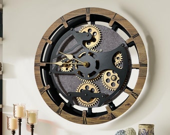 Wall Clock 17 Inches with Real Moving Gear convertible into Desk clock (Hybrid) Wood and Stone