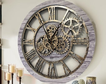 America Line Wall clock 24 inches with real moving gears Silver Grey