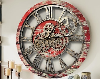 Wanduhr 61 cm mit echtem beweglichen Zahnrädern Rote Lava