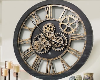 Wall clock 24 inches with real moving gears Vintage Black