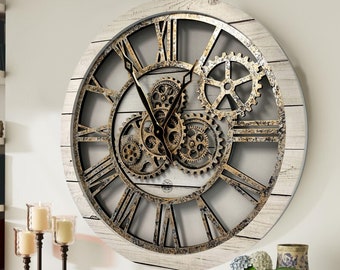 Wall clock 24 inches with real moving gears White Farmhouse