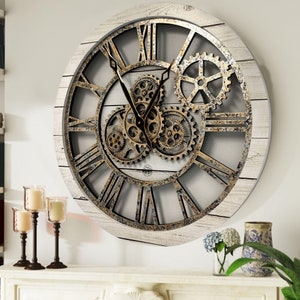 America Line Wall clock 24 inches with real moving gears White Farmhouse
