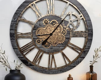 America Line Wall clock 36 inches with real moving gears Carbon Grey