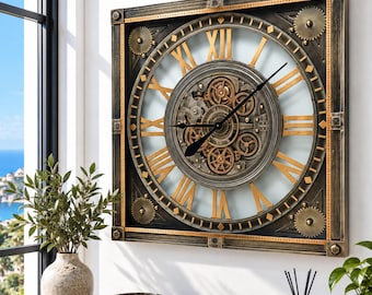 Luxembourg Line Wall clock 32 inches Square with real moving gears Silver Antique