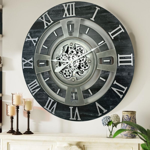 England Line Wall clock 36 inches with real moving gears Vintage Black