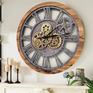 Wall clock 24 inches with real moving gears Wood & Stone