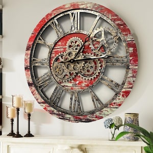 Wanduhr 61 cm mit echtem beweglichen Zahnrädern Rote Lava