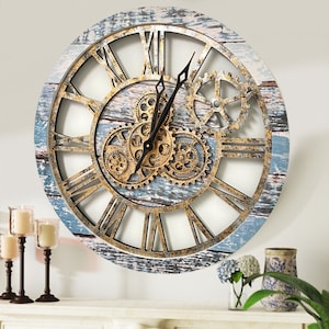 Wall clock 24 inches with real moving gears Aqua Green