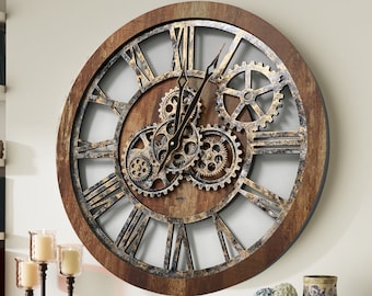 Wall clock 24 inches with real moving gears Vintage Brown