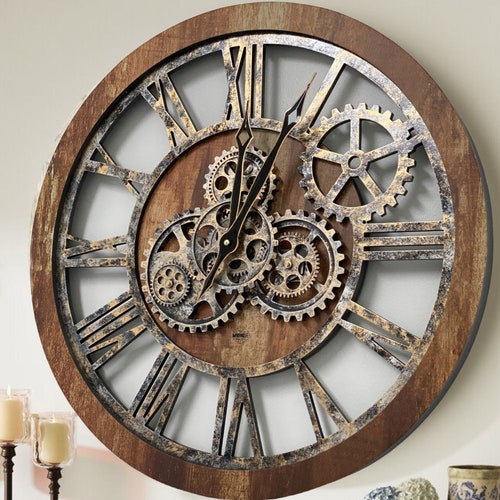 Wall Clock 24 Inches With Real Moving Gears Silver Grey Etsy UK