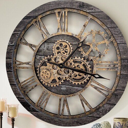 Wall Clock 24 Inches With Real Moving Gears Vintage Black Etsy