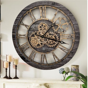 Wall clock 24 inches with real moving gears Carbon Grey