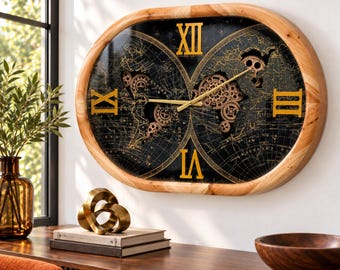 Portugal Line Wall clock 27 inches Oval with real moving gears Wood & Black