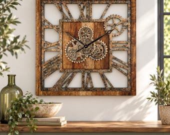 America Line Wall clock 24 inches Square with real moving gears Vintage Brown
