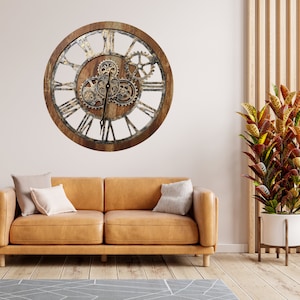 Wall clock 24 inches with real moving gears Vintage Brown zdjęcie 7