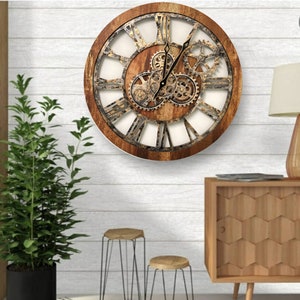 Wall clock 24 inches with real moving gears Vintage Brown image 3
