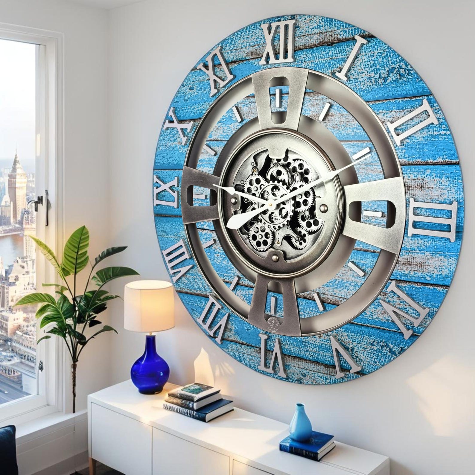 England Line Wall Clock 36 Inches With Real Moving Gears Ocean Blue - Etsy
