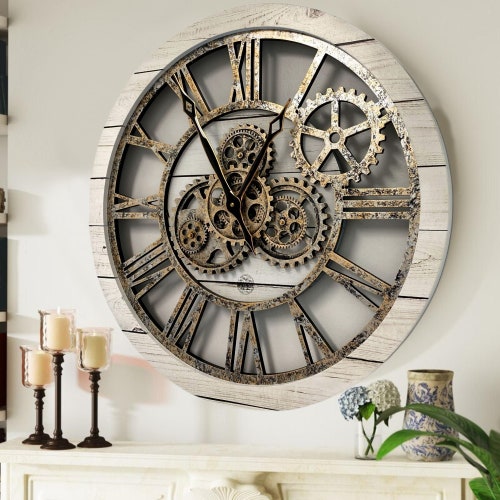 Wall Clock 24 Inches With Real Moving Gears Wood & Stone Etsy