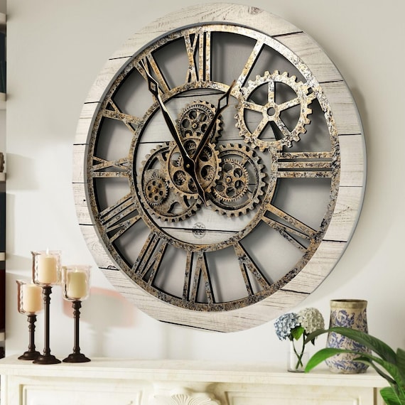 America Line Wall Clock 24 Inches With Real Moving Gears White