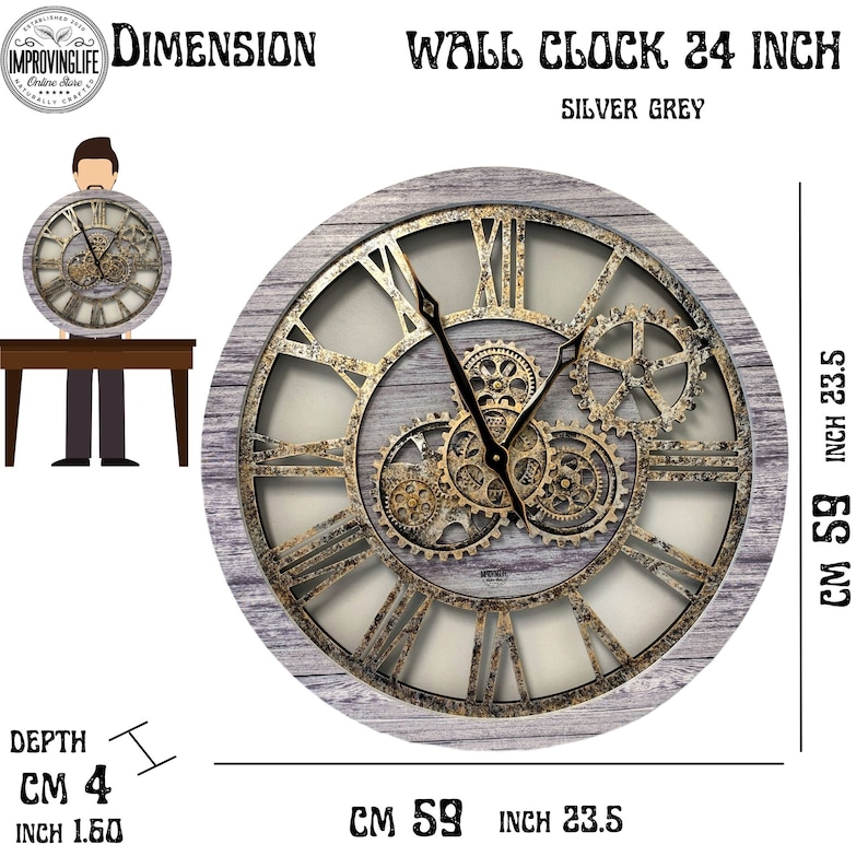 Wall Clock 24 Inches With Real Moving Gears Silver Grey Etsy